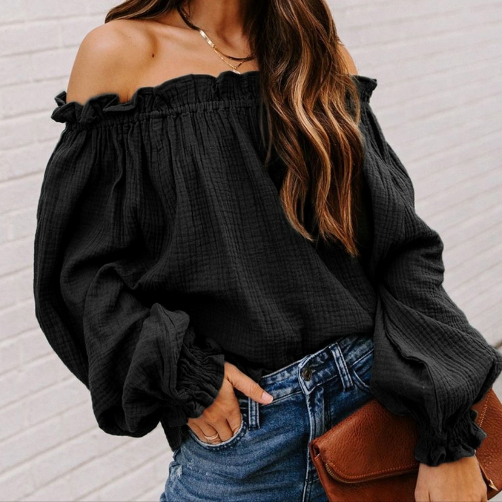 Black Metallic Off Shoulder Long Sleeve Top